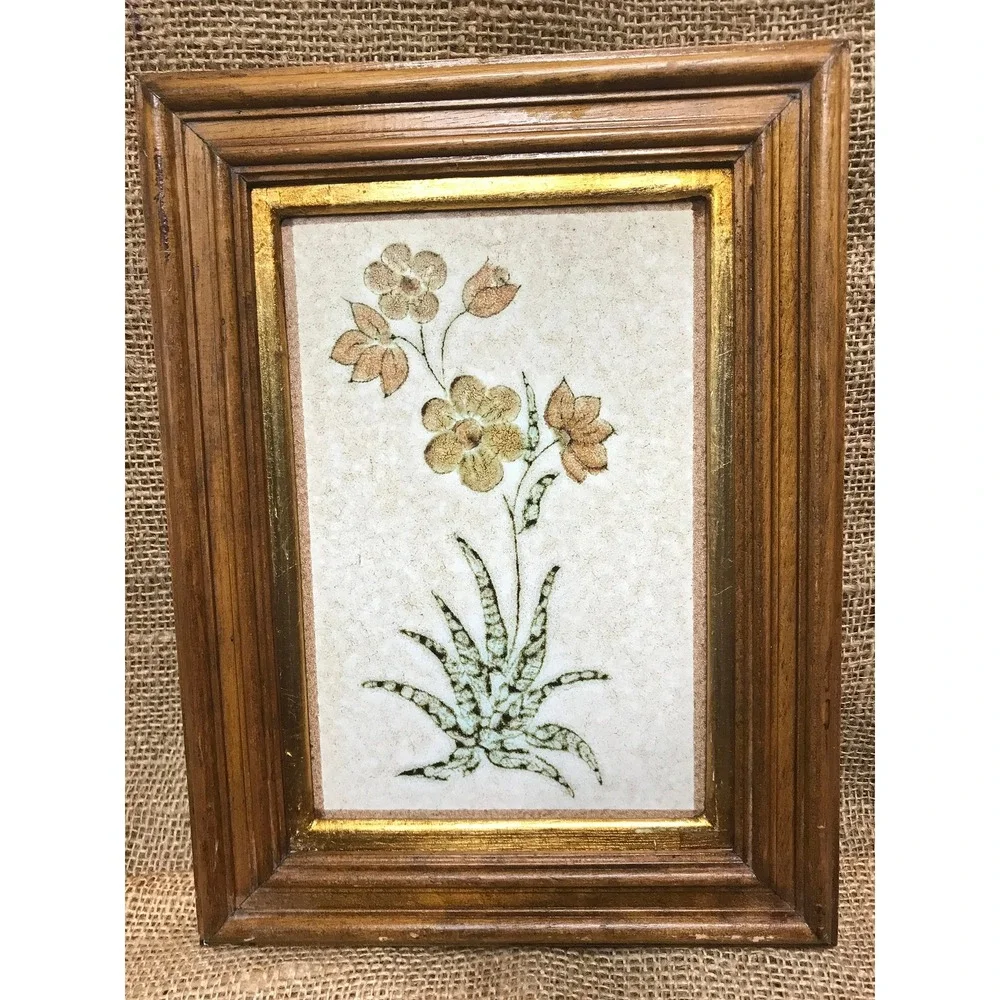 Framed Tile with Floral‎ Design, Great Vintage Wooden Frame, Hand Made in Italy